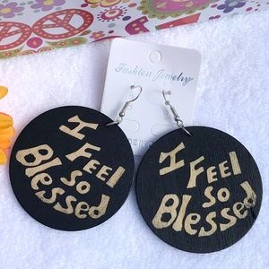 Large Boho Christian Earrings Wood Dangle Blessed